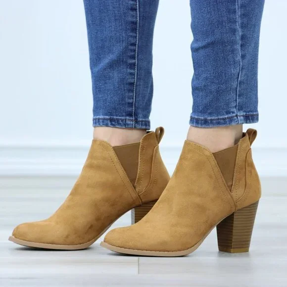 Block High Heeled Ankle Boots Brown Synthetic Suede Chelsea Cone - Picture 11 of 15